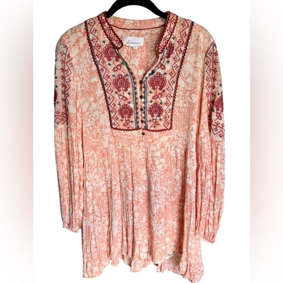 Anthropologie Claudia Embroidered babydoll tunic peach size medium boho casual - Picture 1 of 9